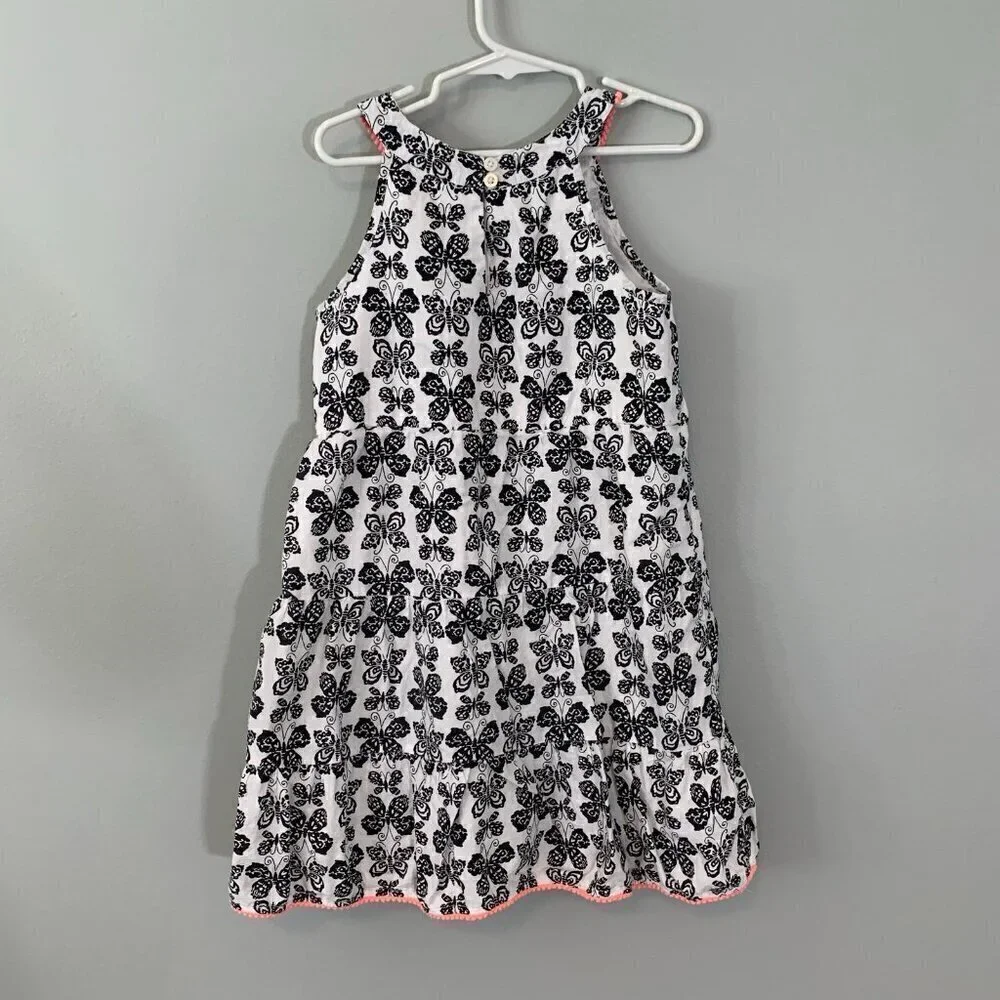 5/$25 The Children's Place Girls Butterfly Print Tiered Dress Pink Pom‎ Pom Trim - Picture 5 of 6